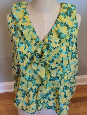 Talbots Yellow & Turquoise Lemons Ruffle V-Neck Blouse Medium